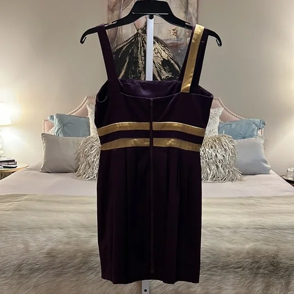MINUET Purple Gold S Sleeveless Short Formal Stretch Natural Waist Pencil Dress - Picture 9 of 17